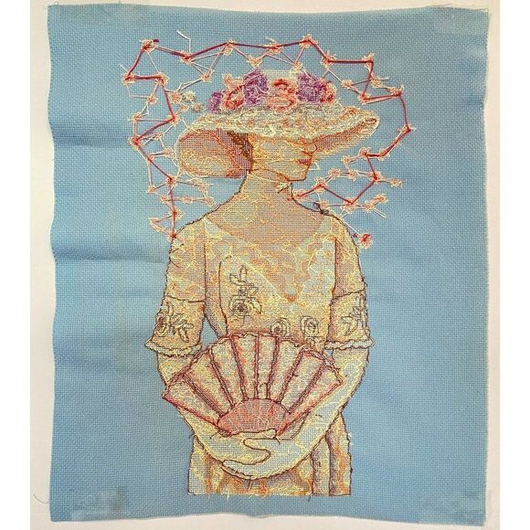 Completed Counted Cross Stitch Victorian Lady Hat Fan Aida Beautifully Stitched - Picture 10 of 14